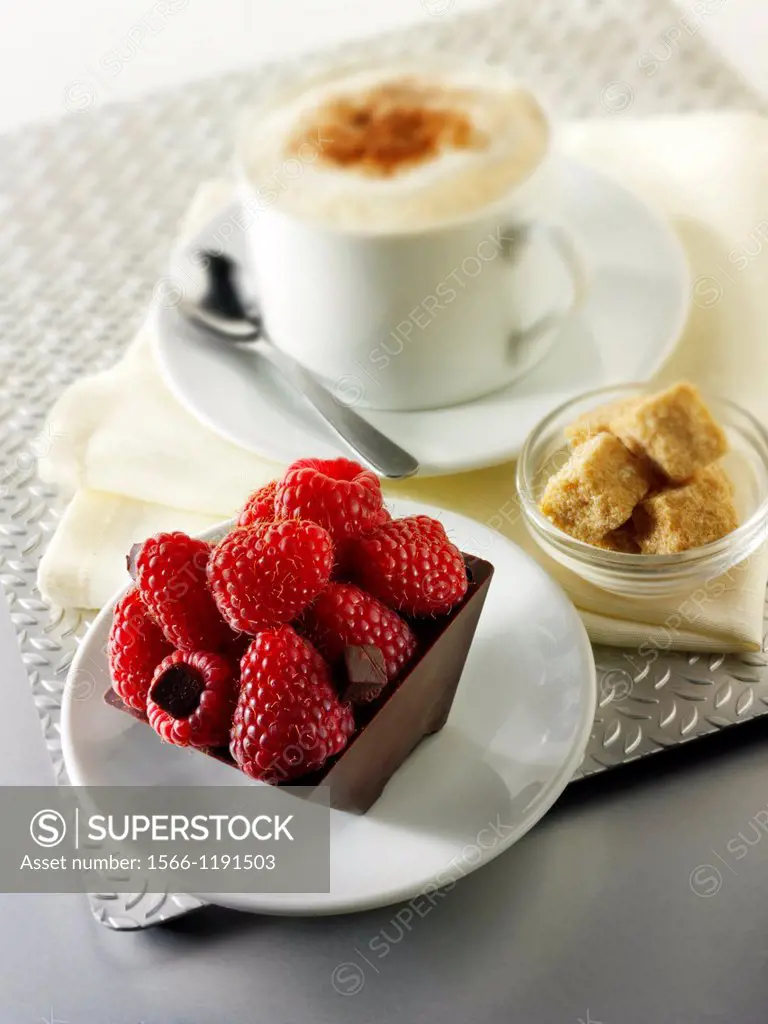 A modern square chocolate cake filled with chocolate truffle and topped with fresh raspberries