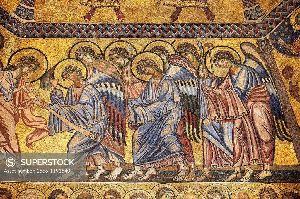 The Medieval mosaics of the ceiling of The Baptistry of Florence Duomo  Battistero di San Giovanni  showing Angels, started in 1225 by Venetian crafts...