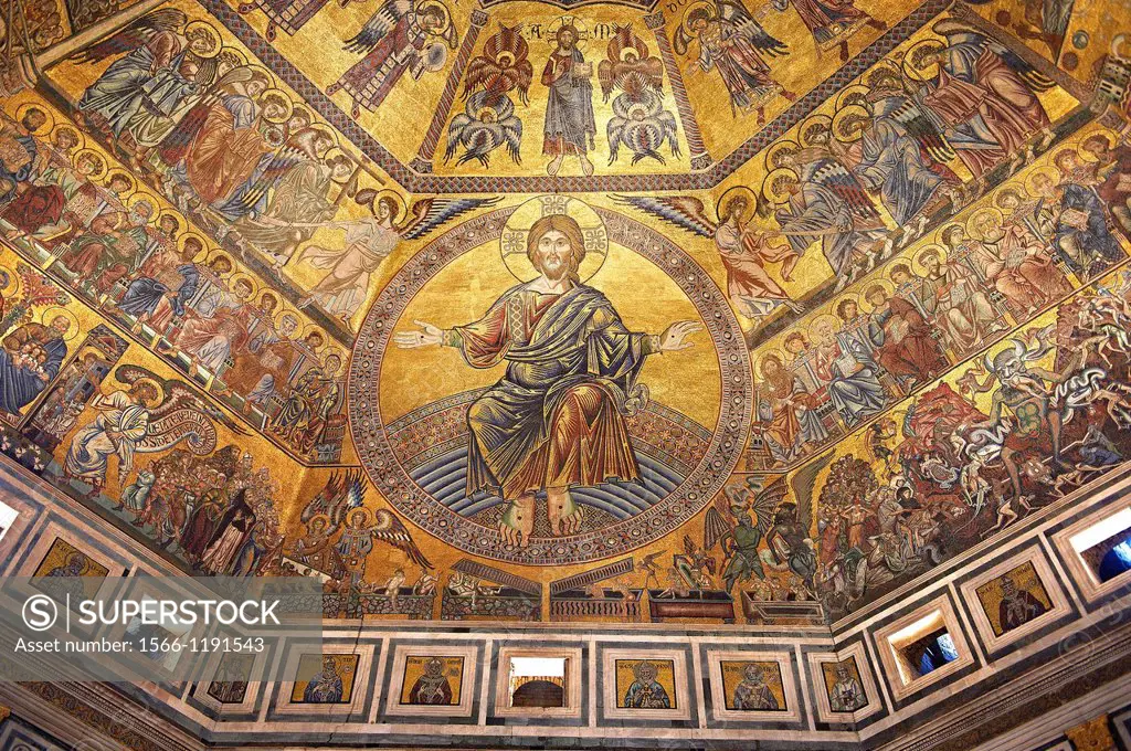 The Medieval mosaics of the ceiling of The Baptistry of Florence Duomo  Battistero di San Giovanni  showing Christ and the Last Judgement started in 1...