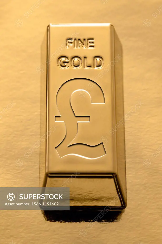 Gold Bar with a Sterling Pound symbol embossed on it on a gold background