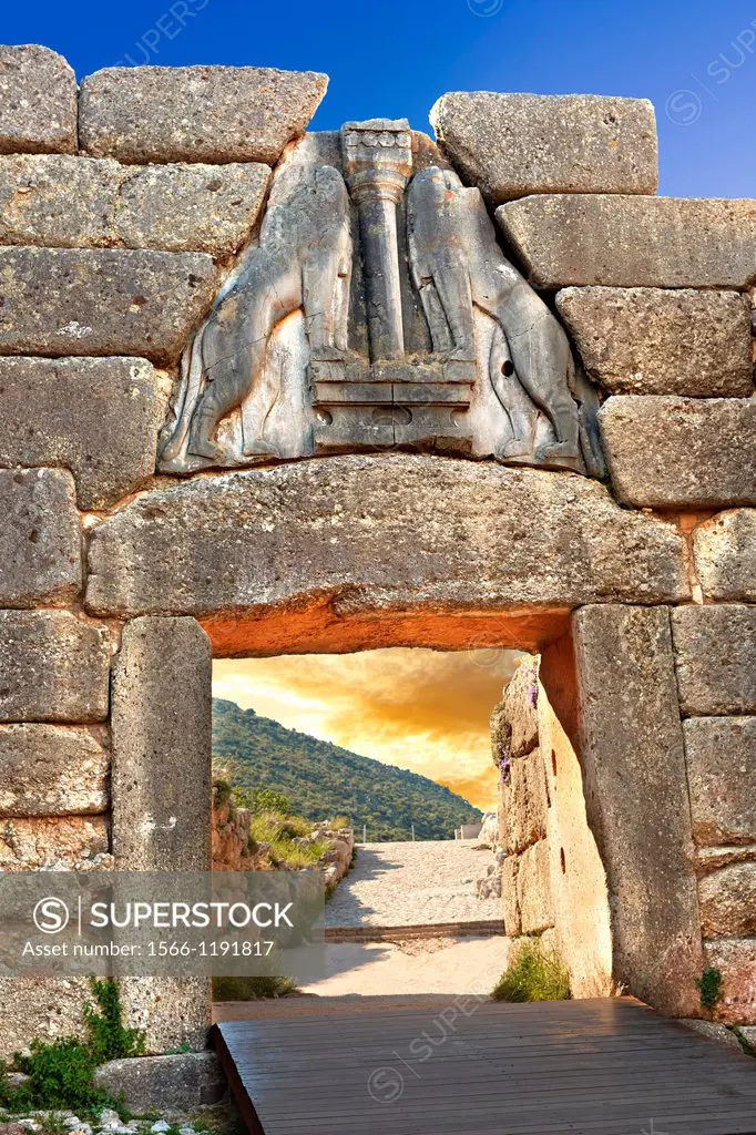 Mycenae Lion Gate & citadel walls built in 1350 B C and known as cyclopean style walls due to the vast size of the blocks it was assumed by visitors i...