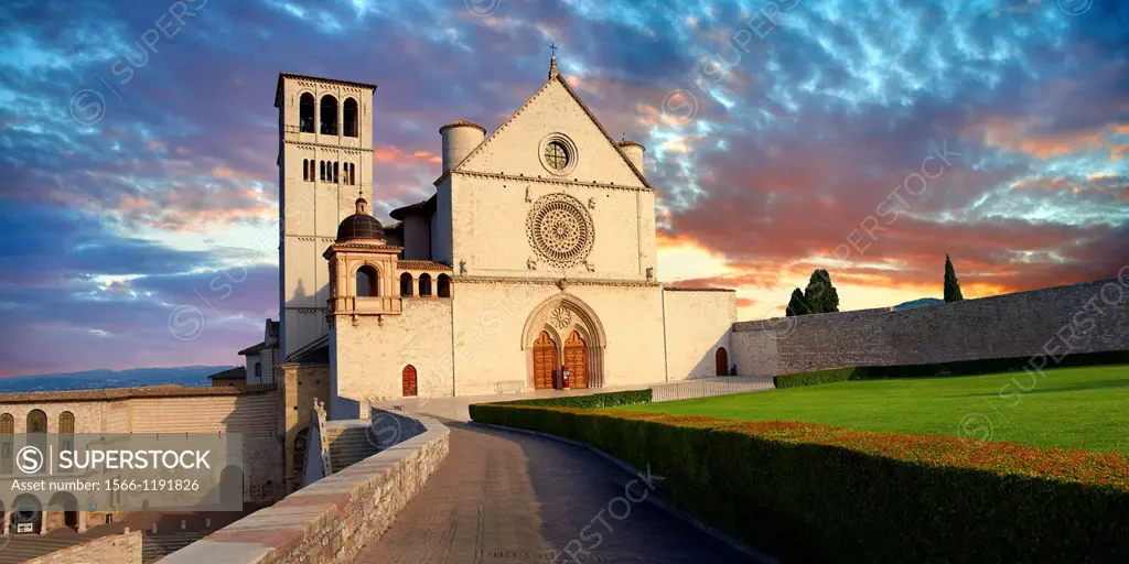 The upper facade of the Papal Basilica of St Francis of Assisi,  Basilica Papale di San Francesco  Assisi, Italy