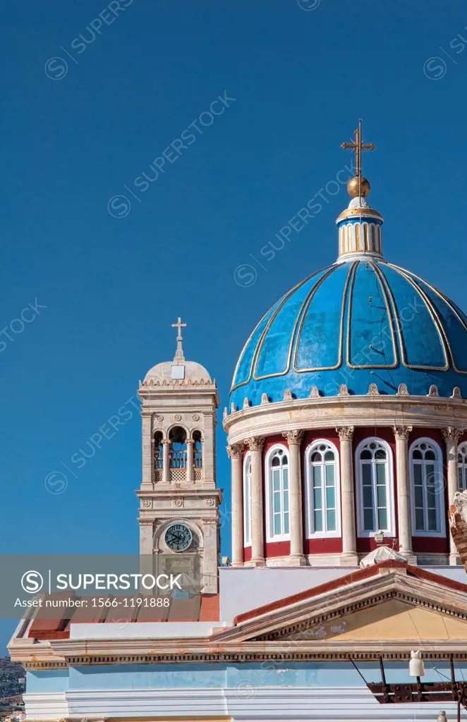 Syros Greece Islands in the Hermoupolis capital white buildings with church St Nicholas Cathedral blue dome of classic architecture