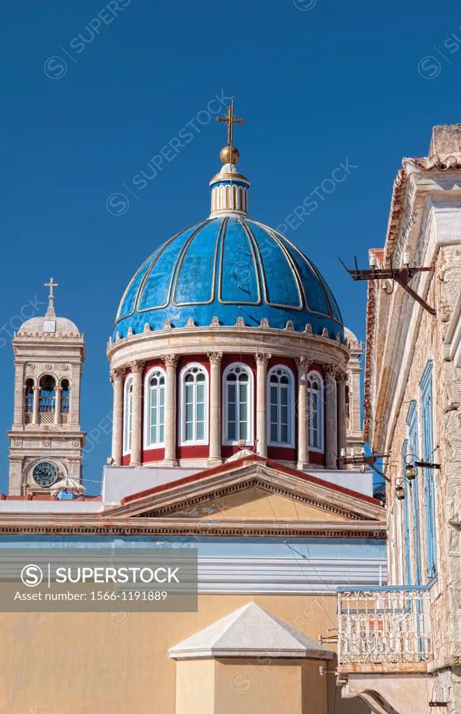 Syros Greece Islands in the Hermoupolis capital white buildings with church St Nicholas Cathedral blue dome of classic architecture