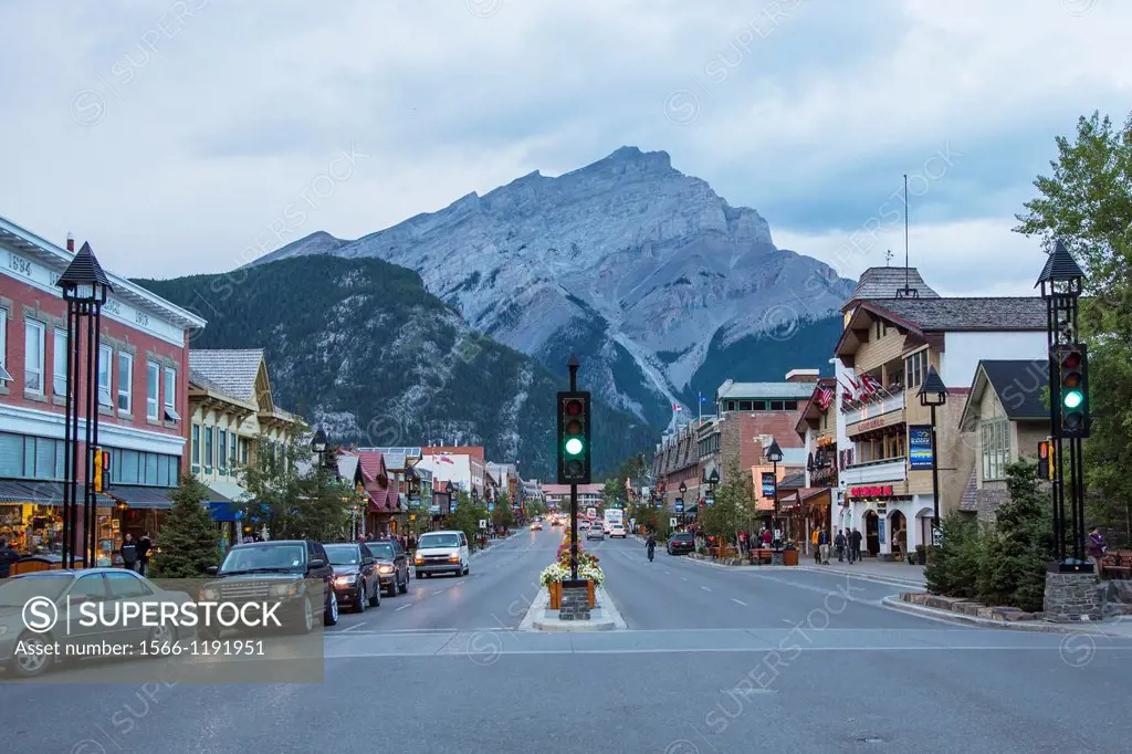 Banff Avenue in resort town of Banff in the Canadian Rocky Moutains located in the Banff National Park in Alberta, Canada
