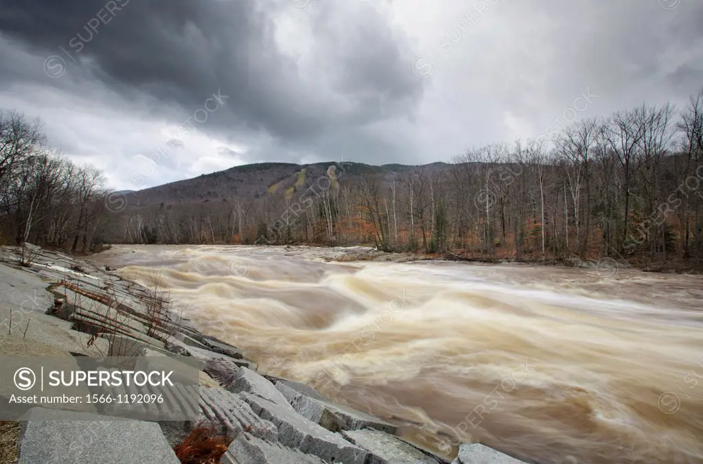 The East Branch of the Pemigewasset River in Lincoln, New Hampshire USA after hours of heavy rains and strong winds from Hurricane Sandy  This hurrica...