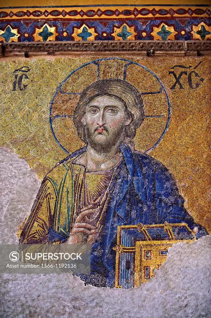 Byzantine Deí«sis  Entreaty mosaic , 1261, detail of Christ Pantocrator for humanity on Judgment Day  Hagia Sophia, Istanbul, Turkey