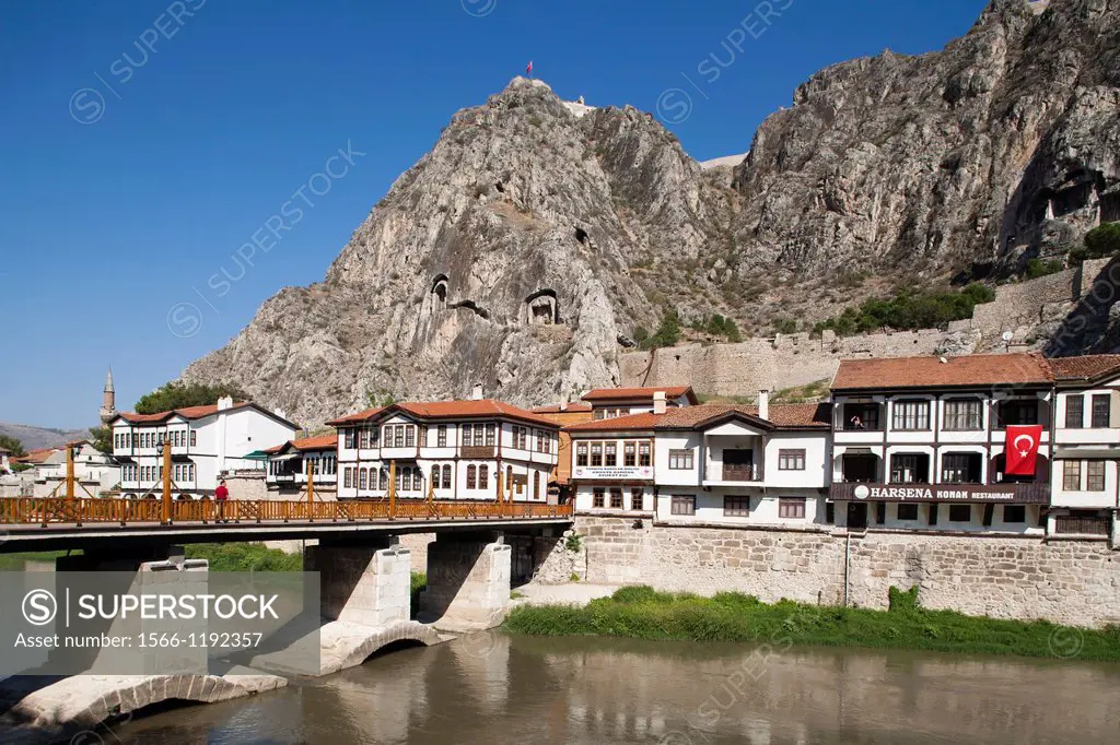 view with the tombs of the kings and the citadel, amasya, anatolia, turkey, asia