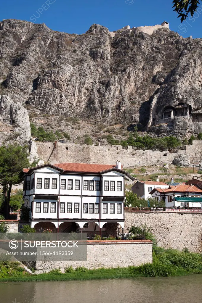 view with ottoman building, tombs of the kings and citadel, amasya, anatolia, turkey, asia