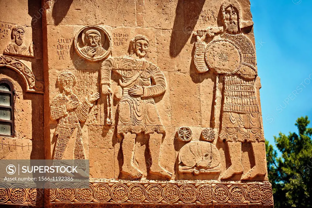 Bas Releif sculptures with scenes from the Bible on the outside of the 10th century Armenian Orthodox Cathedral of the Holy Cross on Akdamar Island, L...