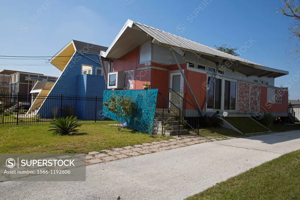 New Orleans, Louisiana - New homes in the lower ninth ward, built by Brad Pitt´s Make It Right Foundation, seven years after the area was devastated b...