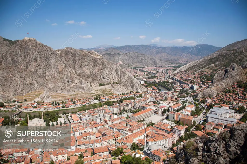 view with the tombs of the kings and the citadel, amasya, anatolia, turkey, asia
