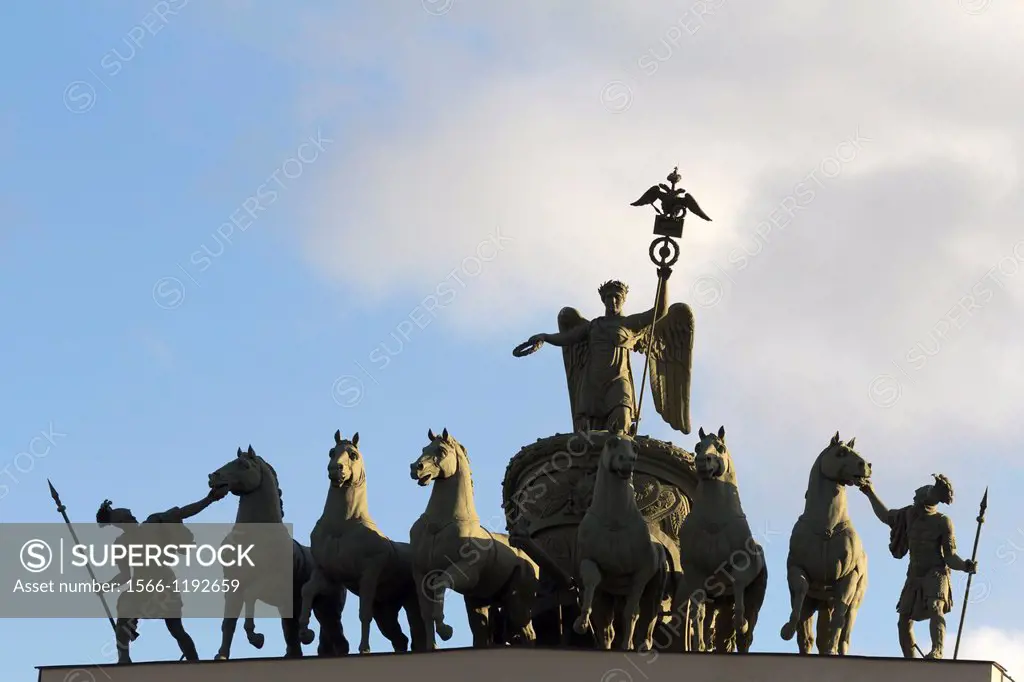 Chariot of Glory 1828,sculpture on the Triumphal Arch of General Staff Building, Palace Square, St  Petersburg, Russia