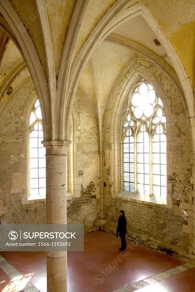 France, Burgundy, Yonne, Vermenton, abbaye of Reigny, indoor of the abbey, cistercian refectory of the 14th century with rib vault, one of the three l...
