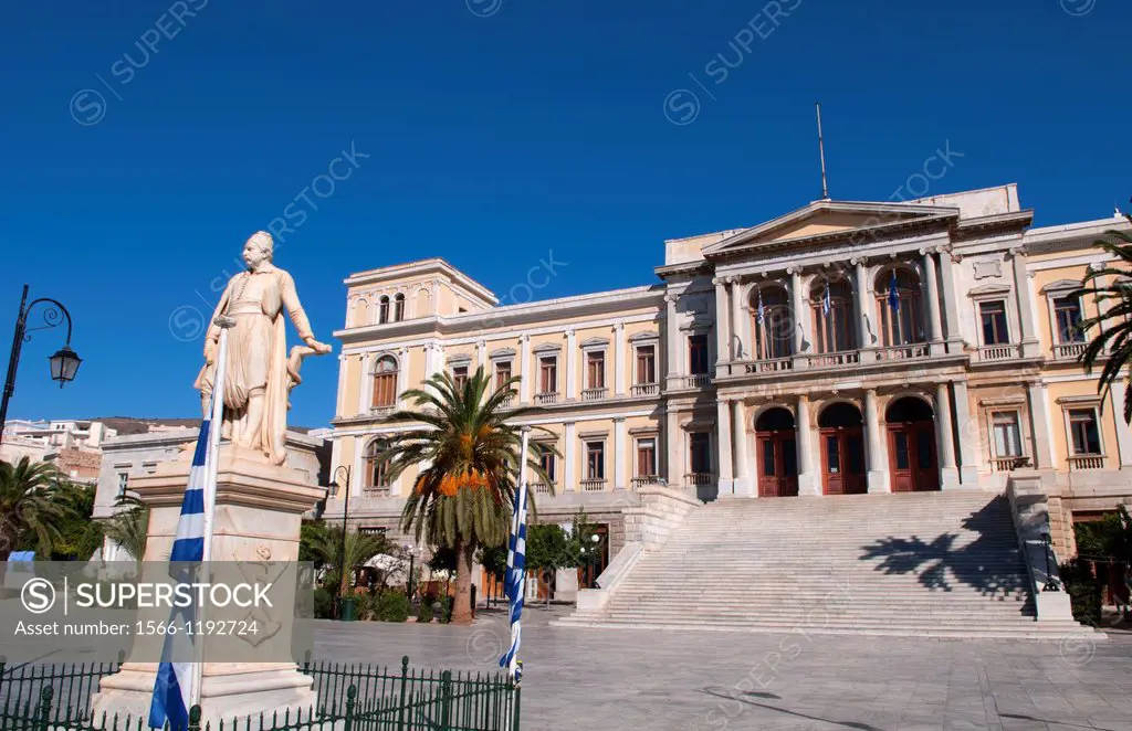 Syros Greece Islands in Hermoupolis capital with white buildings and statue of Andreas Miaoulis hero and goverment architeitecture