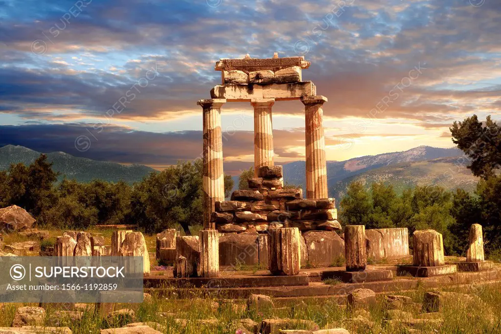 The Tholos at the sanctuary of Athena Pronaia, a circular building with Doric columns that was constructed between 380 and 360 BC  Delphi, archaeologi...