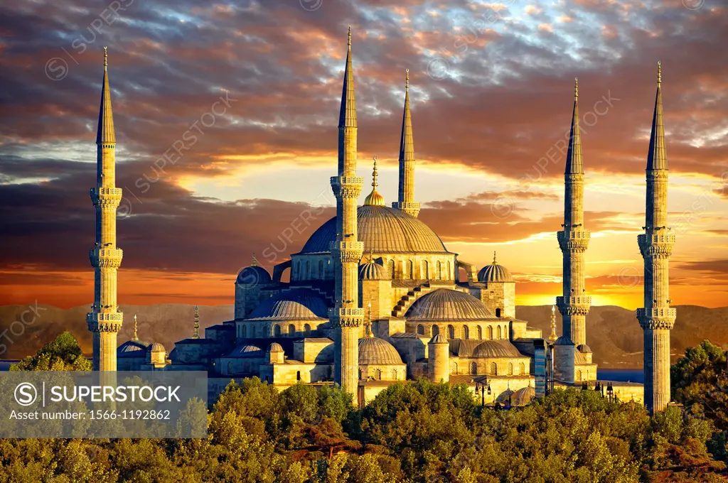 Sunset over the Sultan Ahmed Mosque Sultanahmet Camii or Blue Mosque, Istanbul, Turkey  Built from 1609 to 1616 during the rule of Ahmed I