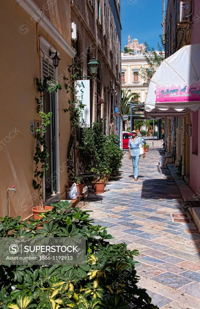 Syros Greece Islands, Hermoupolis city center shopping tourist woman looking for sales to buy souvenirs and relax