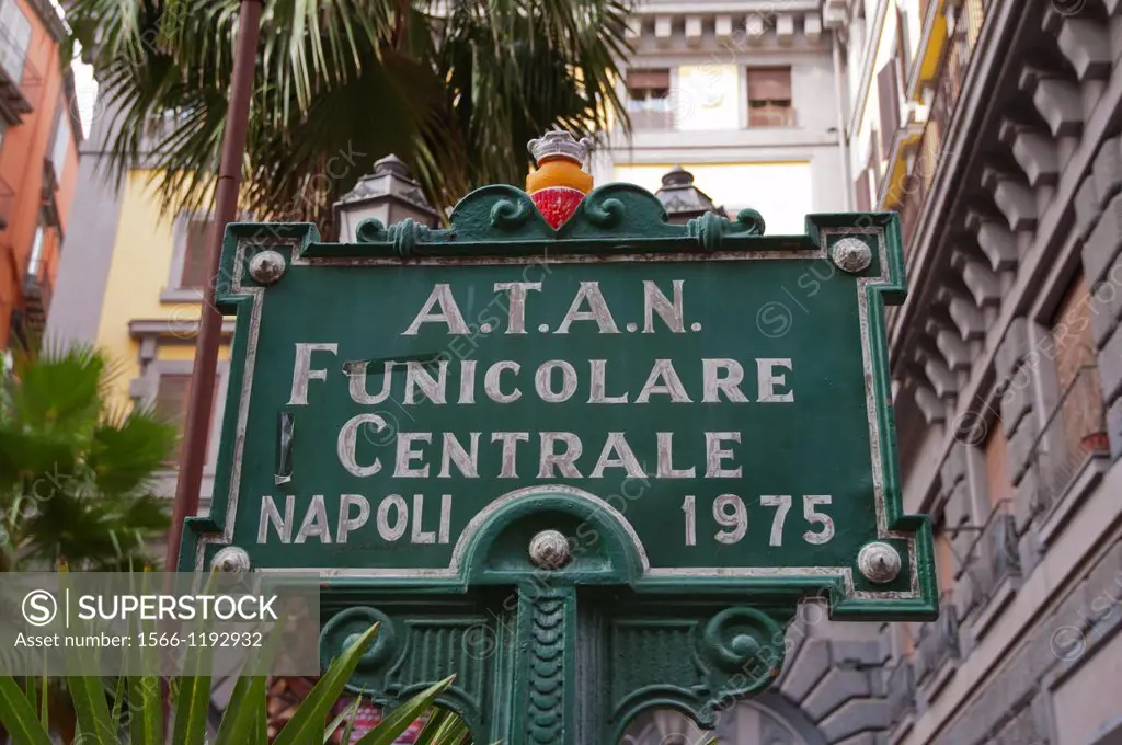 Vittoria Emanuele Funicolare Centrale funicular station sign Quartieri Spagnoli district Naples city La Campania Italy Europe