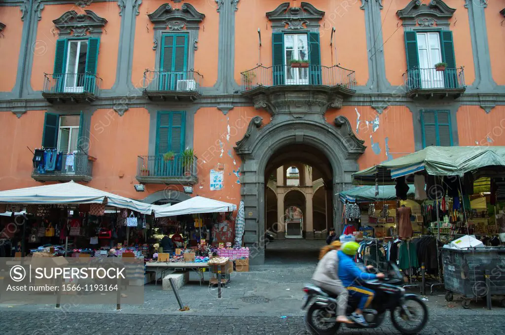 Market stalls along via Vergini street Rione Sanita district Naples city La Campania region southern Italy Europe