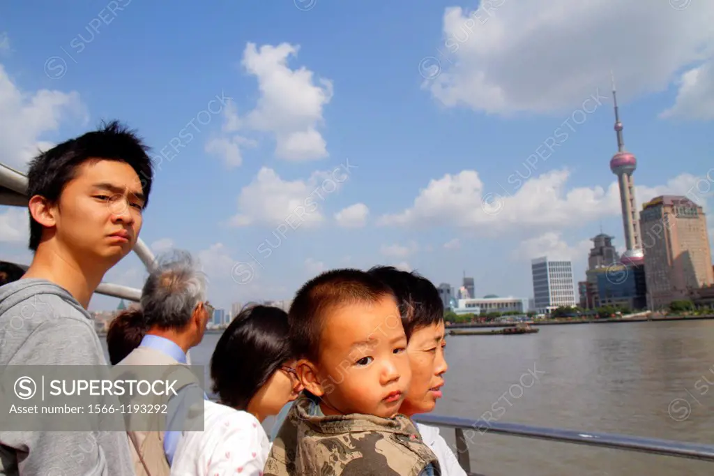 China, Shanghai, Huangpu River, Jinling East Road Dongchang Road Ferry, passengers, Asian, grandmother, woman, man, boy, grandson, holding, deck, Orie...