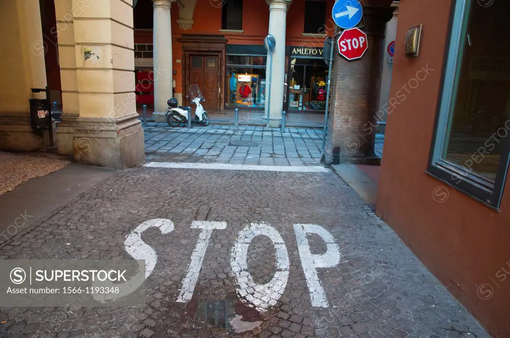 Stop street traffic sign Quadrilatero district central Bologna city Emilia-Romagna region northern Italy Europe