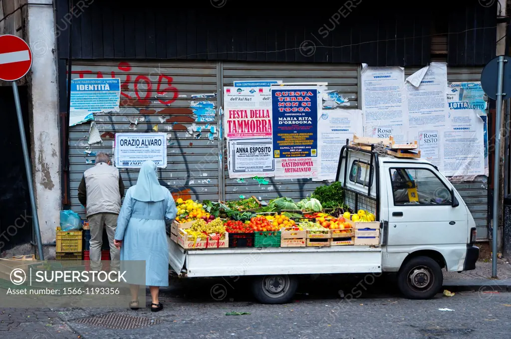 Fresh produce stall centro storico old town Naples city La Campania region southern Italy Europe
