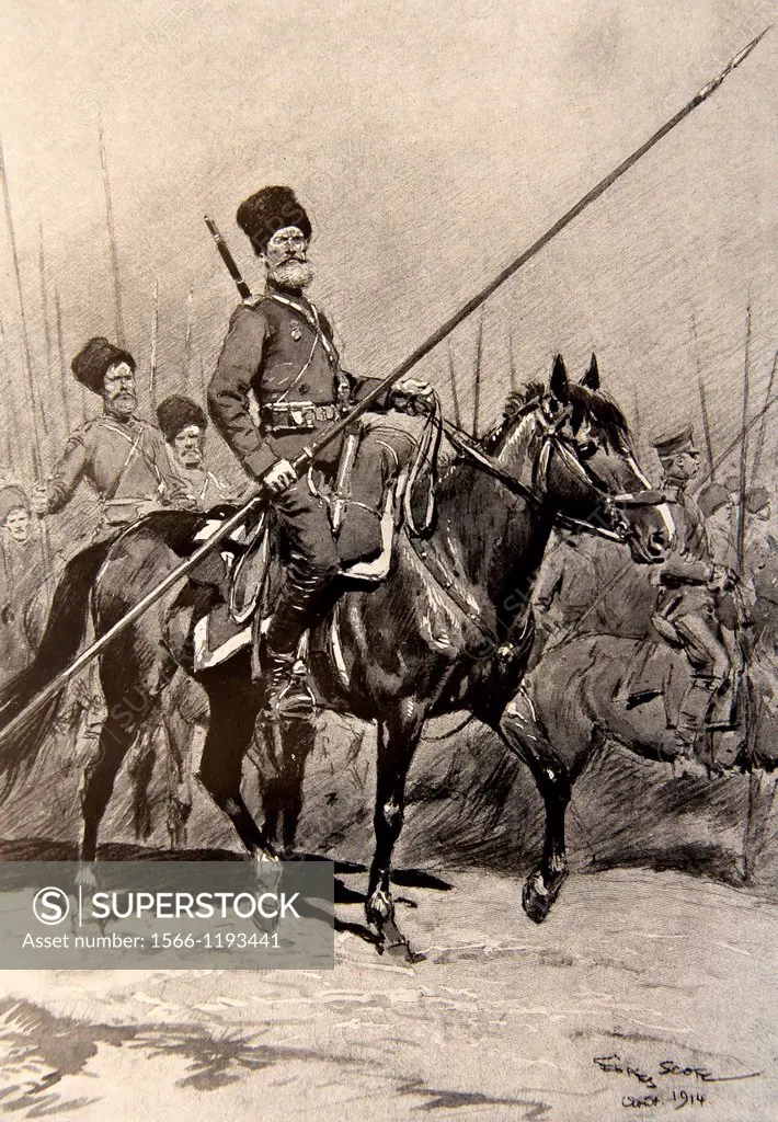 Illustration of a Cossack guard riding his horse during the first world war