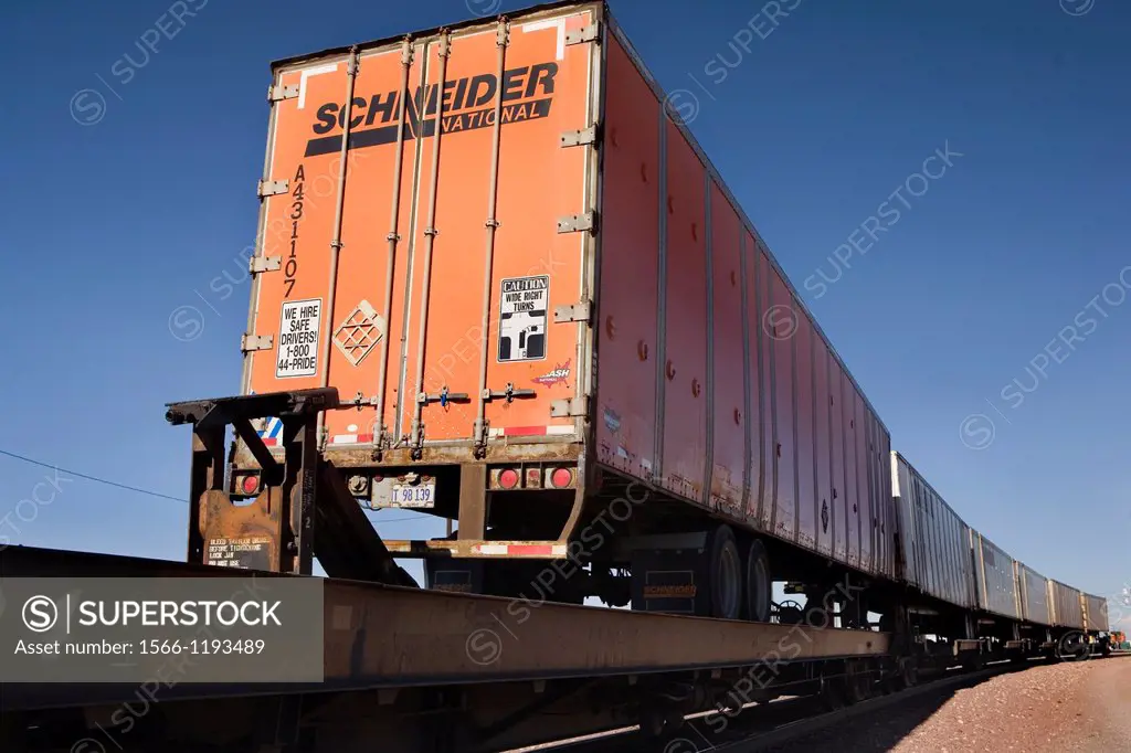 Truck fright trailers on railcars on Arizona