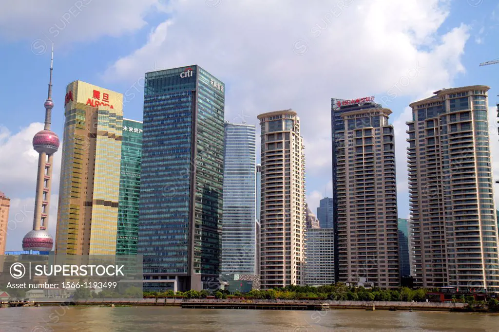 China, Shanghai, Huangpu River, Pudong Xin Qu Lujiazui Financial District, Jinling East Road Dongchang Road Ferry, view from, city skyline, skyscraper...