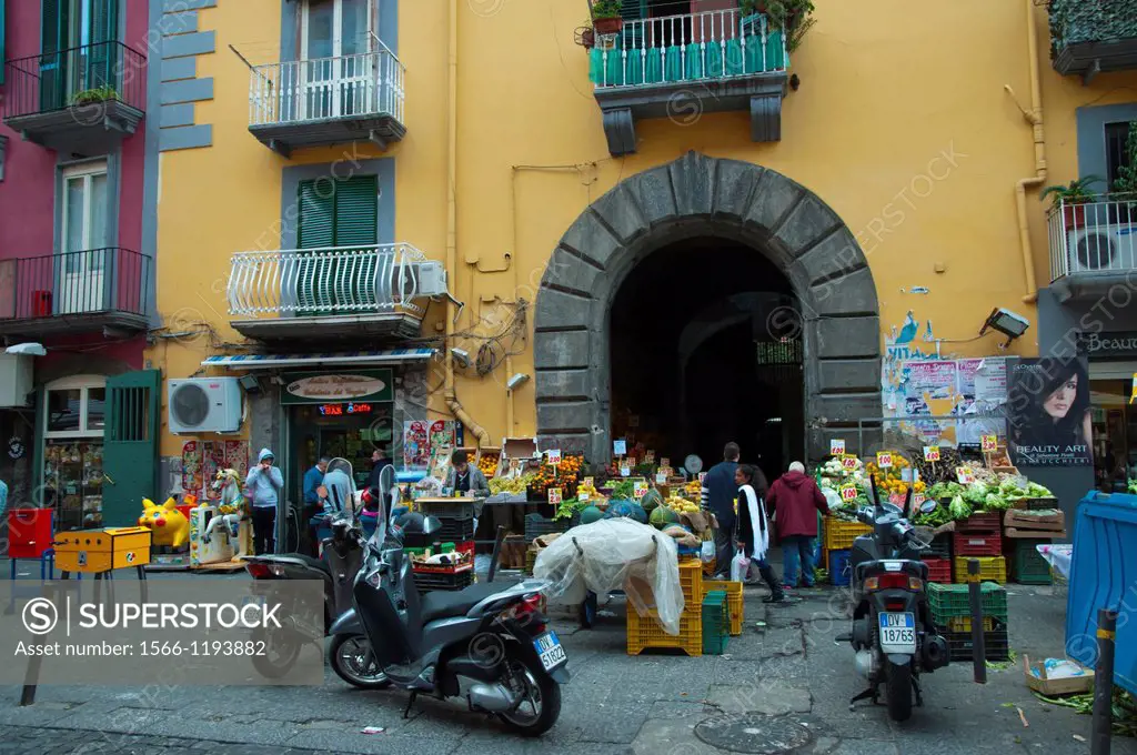 Markets stalls and shops alogn via Vergini street Rione Sanita district Naples city La Campania region southern Italy Europe