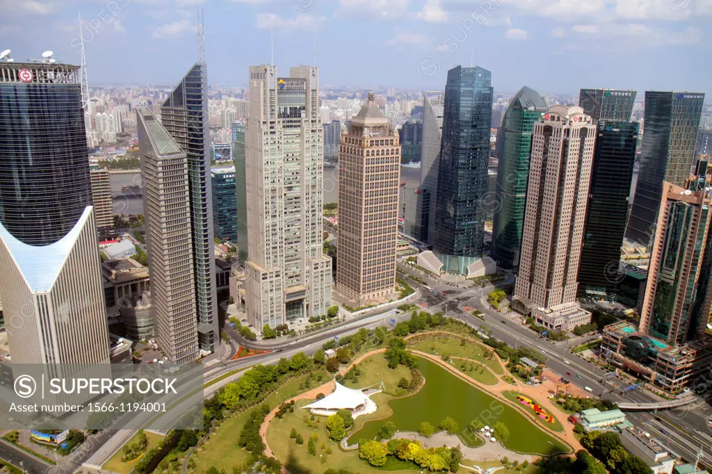 China, Shanghai, Pudong Lujiazui Financial District, view from, Jin Mao Tower, Grand Hyatt Shanghai, Lujiazui Central Green Space, Greenland, Bocom Fi...
