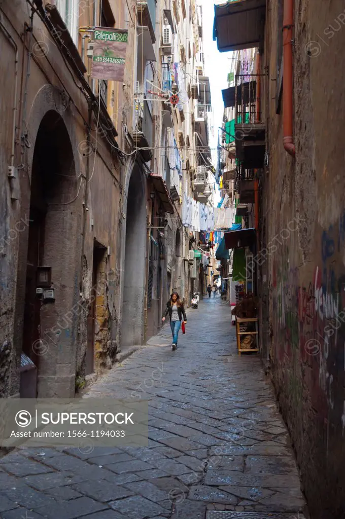 Narrow alley between Spaccanapoli and Via dei Tribunali streets centro storico old town Naples city La Campania region southern Italy Europe
