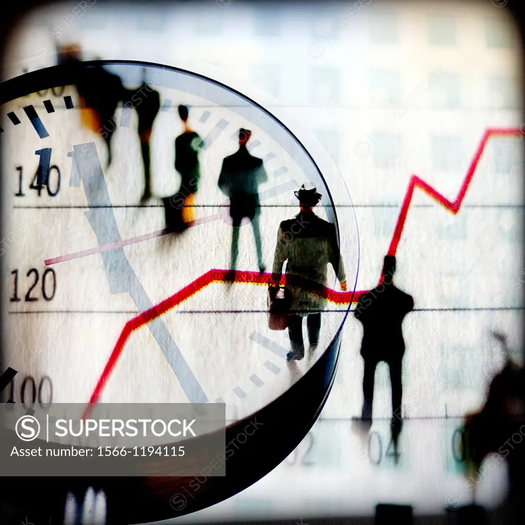 hombres de negocios sobre un reloj y grafico financiero, composicion digital, business men on a clock and Financial graph, Digital Composition,