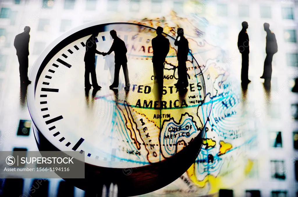 businessmen closing a deal on a clock and world map, digital composition,