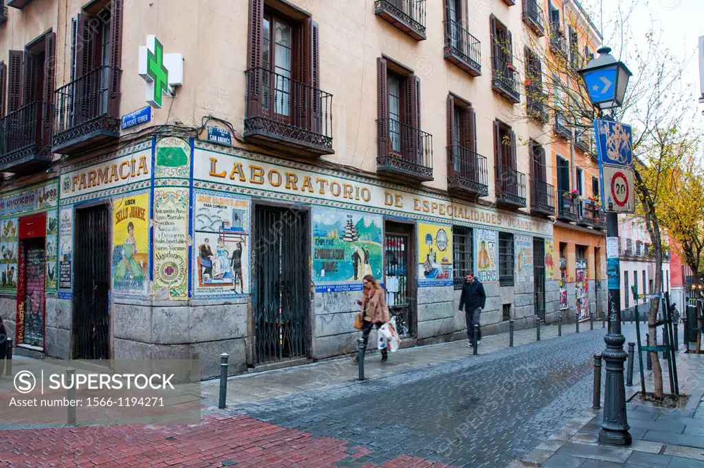 Facade of the old chemist´s Juanse. Madrid, Spain.