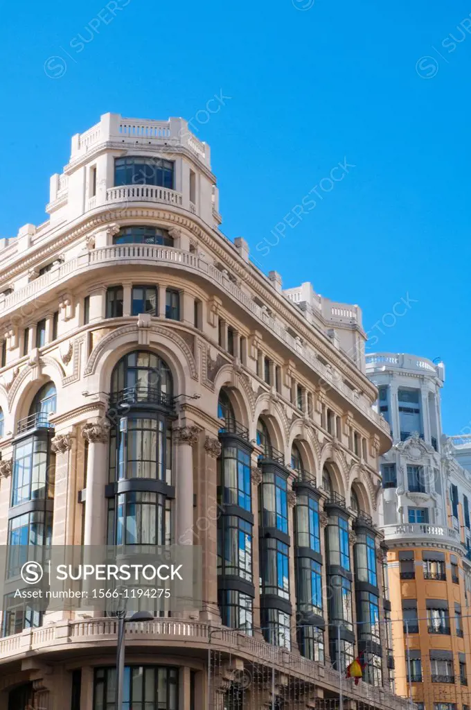 Facade of Matesanz building. Gran Via, Madrid, Spain.