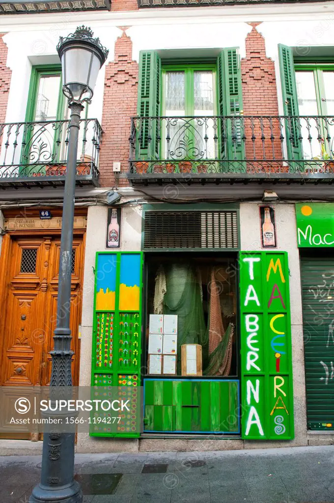Facade of Maceiras tavern, typical bar. Las Huertas street, Madrid, Spain.