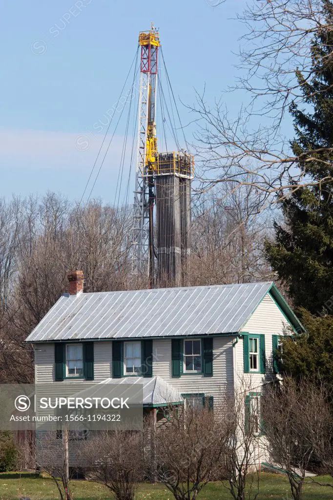 Williamsport, Pennsylvania - A natural gas well being drilled near a house in rural Lycoming County in preparation for hydraulic fracturing fracking