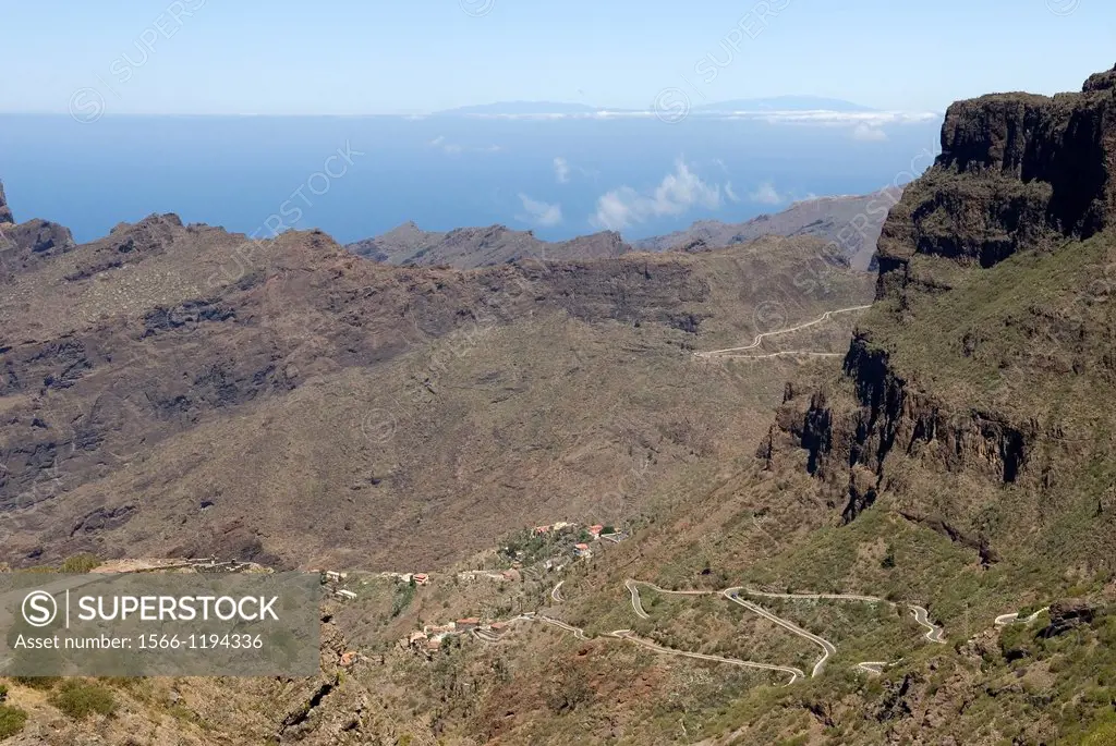 twisting road to the village of Masca in the Teno mountain massif, Tenerife, Canary Islands, Atlantic Ocean