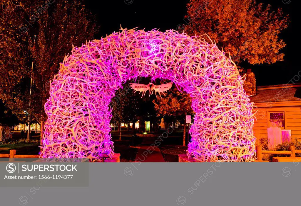 Elk antler arches with lights at the Town Square in the city of Jackson in northern Wyoming