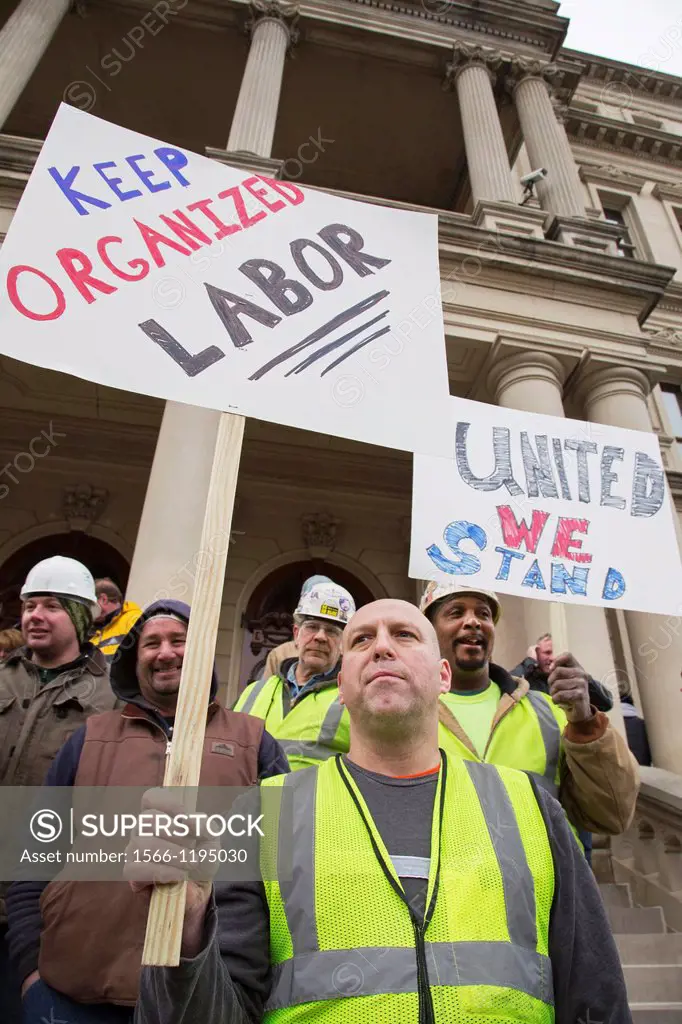 Lansing, Michigan - Union members rallied at the state capitol to protest sudden ´right to work´ legislation backed by Republican legislators and Gove...
