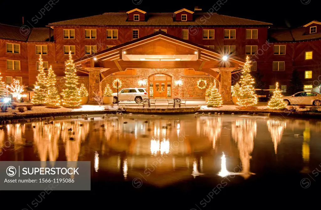 The Sun Valley Lodge with Christmas lights at Sun Valley Resort in the city of Sun Valley in central Idaho