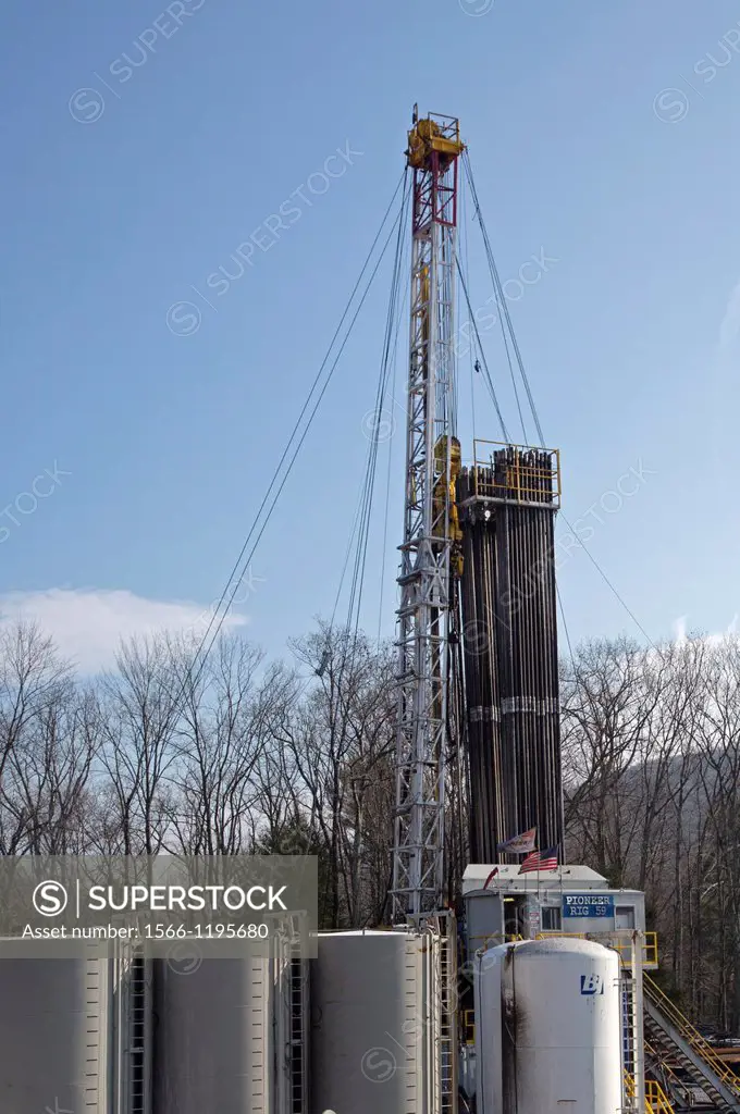 Williamsport, Pennsylvania - A natural gas well being drilled in rural Lycoming County in preparation for hydraulic fracturing fracking  In the backgr...