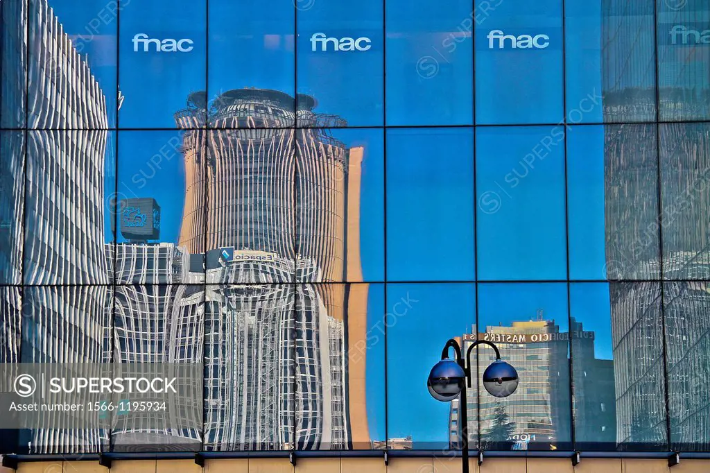 Azca district, reflected buildings, Madrid, Spain