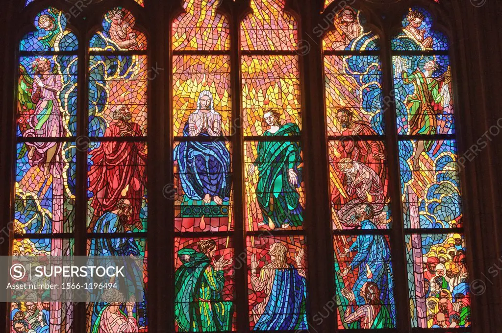 stained glass windows inside of St Vitus Cathedral at Prague Castle, Prague, Czech Republic