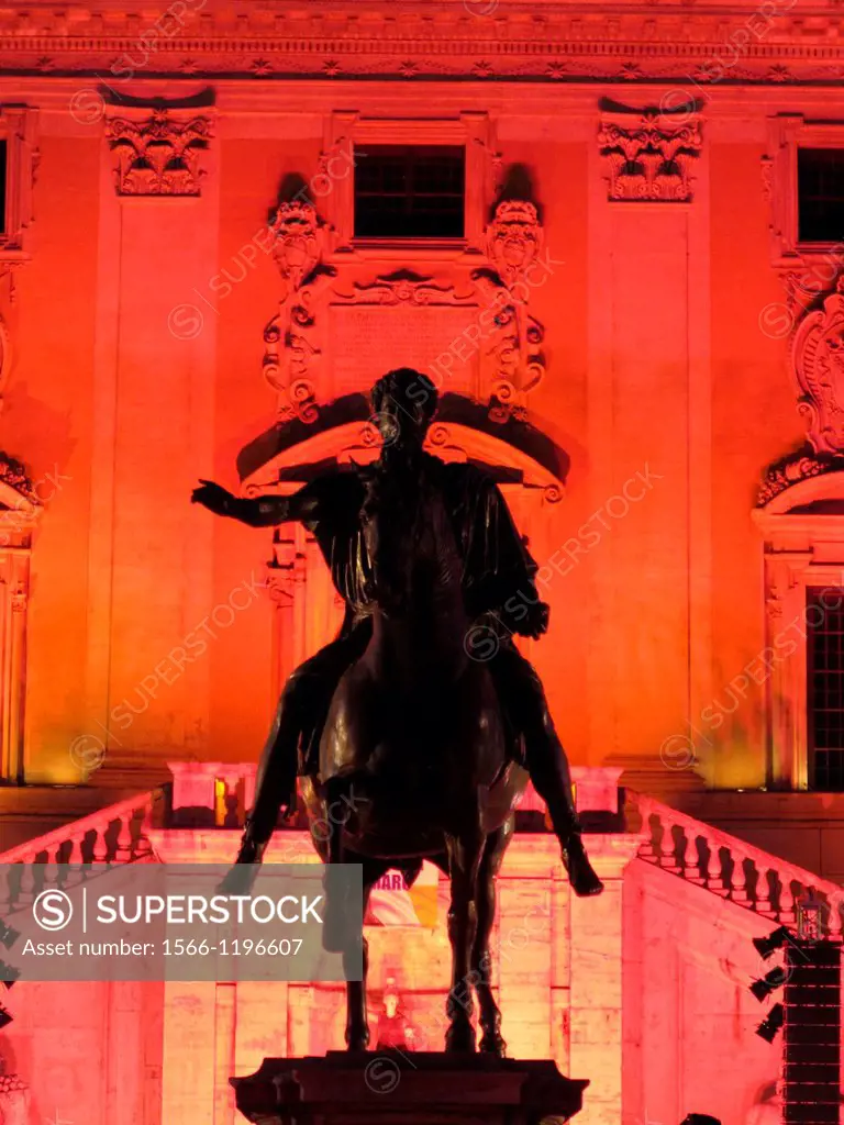 marco aurelio statue illuminated at night on capitol hill in rome italy