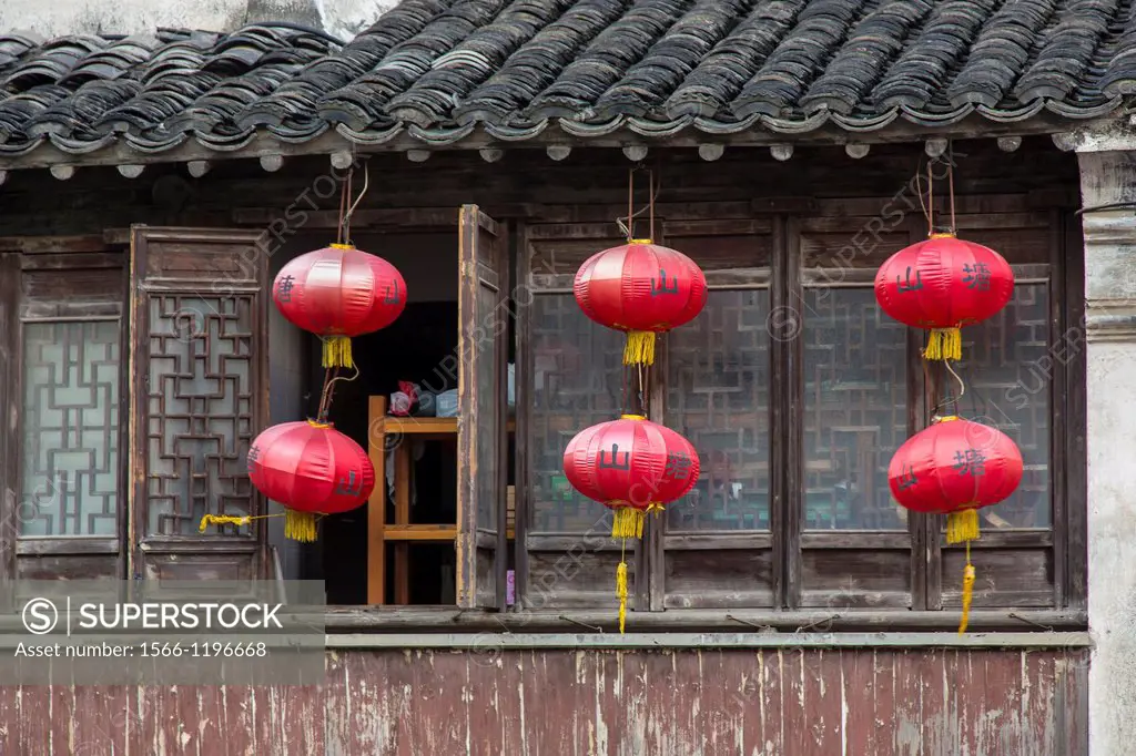 Traditional home and lanterns along Shantang canal in Suzhou, China