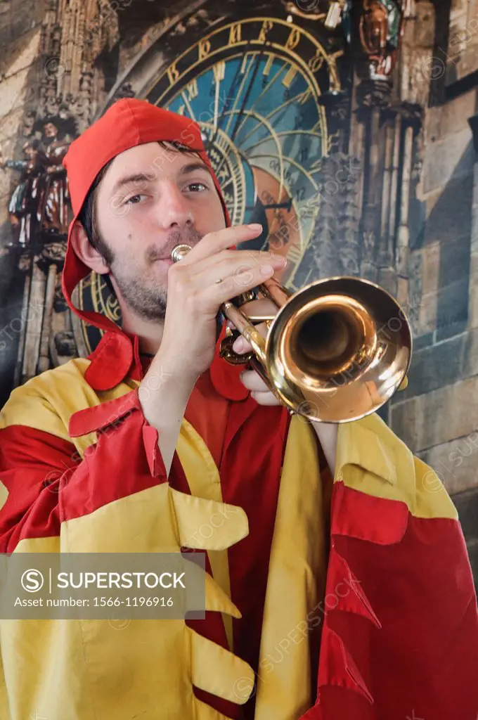 trumpet player at the Astronomical Clock in the Old Town Square, Prague, Czech Republic