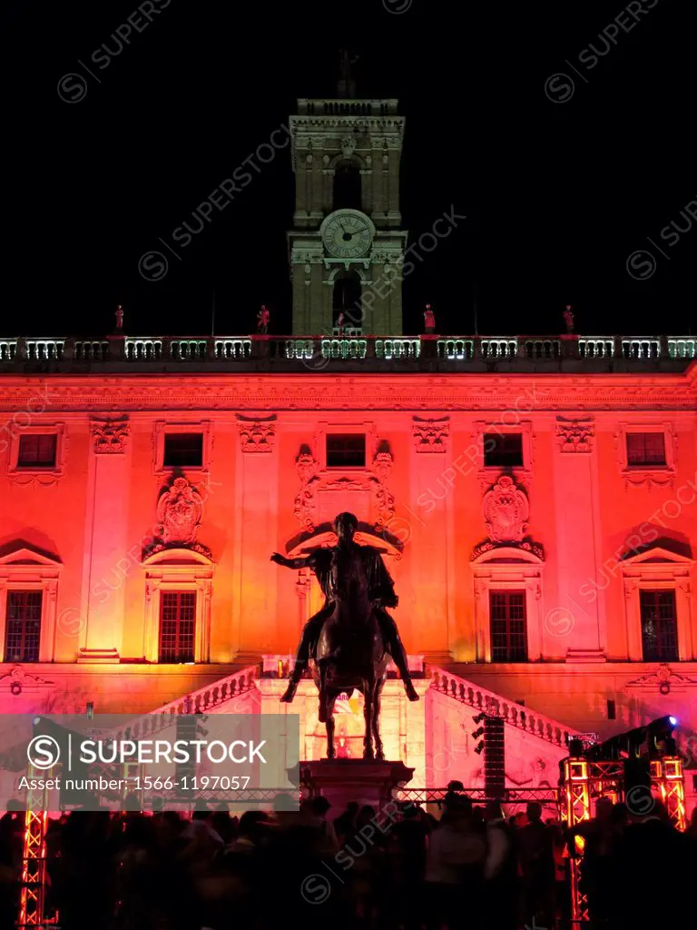 marco aurelio statue illuminated at night on capitol hill in rome italy